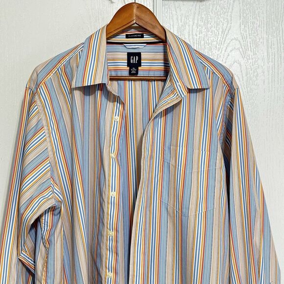 GAP Classic Fit  Button Up Shirt Mens XL 17-17.5 Blue Orange Striped Long Sleeve - Picture 2 of 10